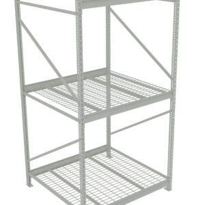 A gray, metal storage rack with three levels, featuring grid-style shelves and diagonal support bars on the sides and back. It is standing against a white background.