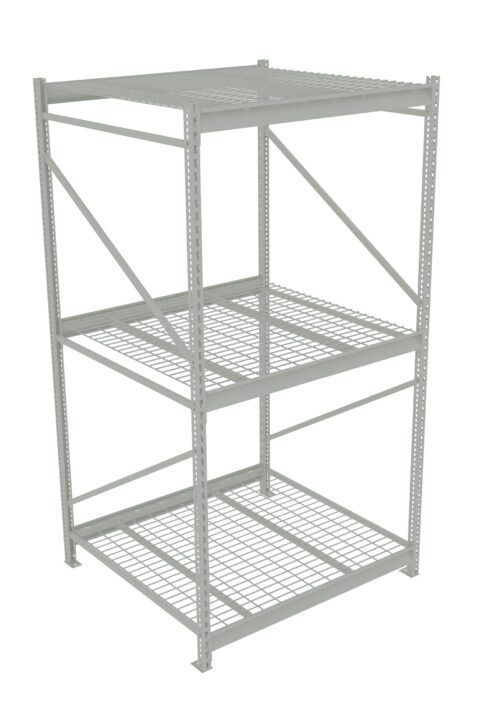 A gray, metal storage rack with three levels, featuring grid-style shelves and diagonal support bars on the sides and back. It is standing against a white background.