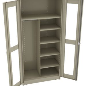 A beige metal storage cabinet with two open doors. Inside, it features a hanging rod on the left and five adjustable shelves on the right. The cabinet is empty, showcasing its storage space.