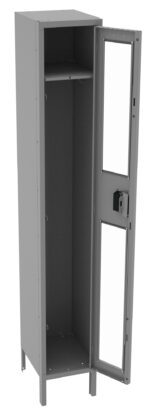 A tall, narrow, gray metal storage locker with an open door revealing an empty interior. It features a single shelf near the top and stands on four short legs.