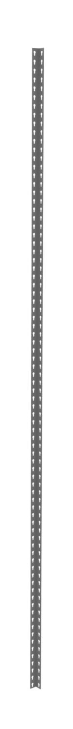 A long, vertically positioned metal pole with small holes evenly spaced along both sides. The background is plain and white.