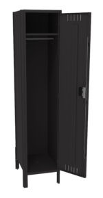 Black metal storage locker with an open door revealing a spacious interior, equipped with a hanging rod inside. The locker stands on four short legs and features a lock mechanism on the door.