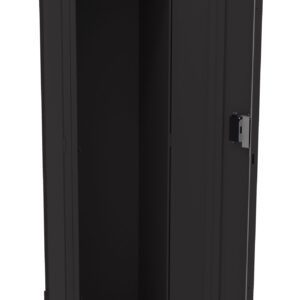 Black metal storage locker with an open door revealing a spacious interior, equipped with a hanging rod inside. The locker stands on four short legs and features a lock mechanism on the door.