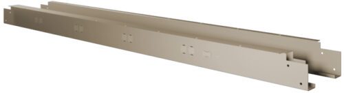 Two long, beige metal rails aligned side by side with several small, square cutouts along their lengths. The rails have flat surfaces and are positioned parallel to each other, showcasing their industrial design.