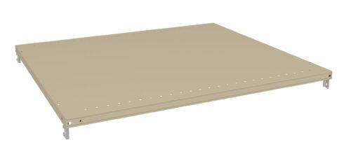 A beige, rectangular metal shelf with small perforations along the edges. The shelf is viewed from a slight angle, showcasing its thin profile and smooth surface.
