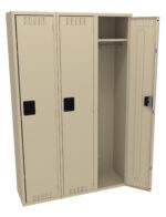 A tan metal storage locker with three doors. The middle door is open, revealing an empty interior with a shelf and hanging rod. The other two doors are closed. Black handles and ventilation slots are visible on each door.