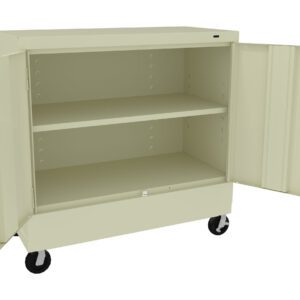 A beige metal storage cabinet on wheels with two open doors, revealing two internal shelves. The cabinet is simple and industrial in design, suitable for organizing tools or supplies.