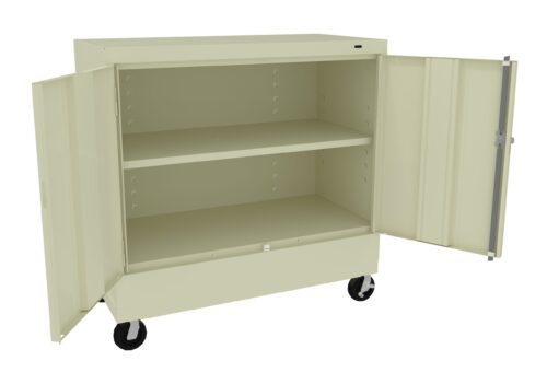 gxfzksfsiwjnukl9wx1l.jpg A beige metal storage cabinet on wheels with two open doors, revealing two internal shelves. The cabinet is simple and industrial in design, suitable for organizing tools or supplies.