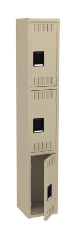 A beige, three-compartment locker with black rectangular handles. The bottom compartment is open, revealing an empty interior. The locker has ventilation slots on each door.