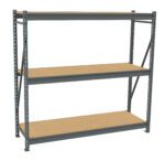 A three-tier industrial metal shelving unit with wooden shelves. The frame is made of grey metal, and each shelf is made of light brown wood. The shelves are evenly spaced with metal supports on the sides and back.