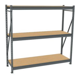 A three-tier industrial metal shelving unit with wooden shelves. The frame is made of grey metal, and each shelf is made of light brown wood. The shelves are evenly spaced with metal supports on the sides and back.