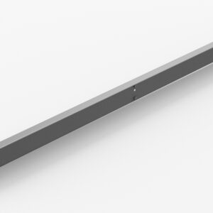 A long, slender metal beam with a smooth, uniform surface and angular edges is positioned diagonally against a plain white background. The beam features a single circular hole near its center.