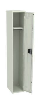 A light gray metal locker with an open door is shown. Inside, there is a single shelf near the top, a hook attached below the shelf, and an empty compartment beneath. The locker has a built-in combination lock on the door.