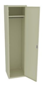 Open beige metal locker with two doors, one partially open. Inside, there is an empty space with a hanging rod and hook. The interior is plain and unadorned. The locker stands on a flat surface.