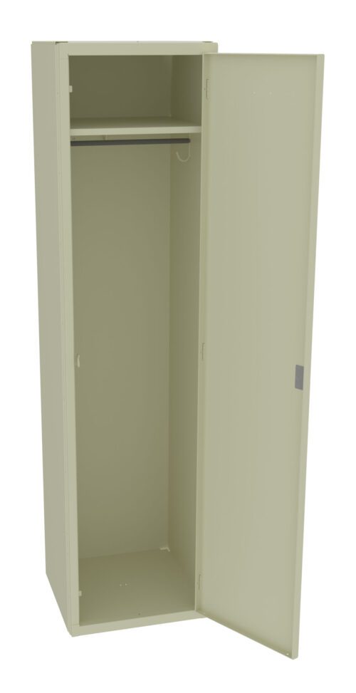 Open beige metal locker with two doors, one partially open. Inside, there is an empty space with a hanging rod and hook. The interior is plain and unadorned. The locker stands on a flat surface.