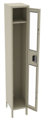 Tall, beige metal locker with an open, transparent-paneled door. Inside, there is an upper shelf and a main compartment for storage. The locker stands on four short legs.