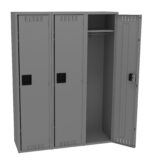 Gray metal locker with three compartments. The middle locker door is open, revealing a clothing rod and empty space inside. The other two doors are closed.