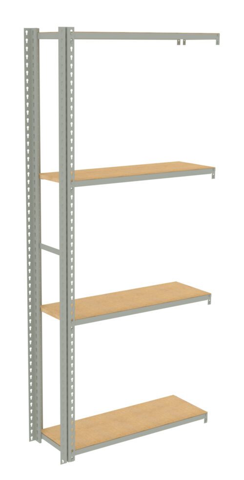 gyqxr1m2pc5r533g2ffl.jpg A beige metal shelving unit with three wooden shelves evenly spaced. The frame appears sturdy with rivet holes for adjusting shelf height. The unit is seen from a slightly angled perspective.