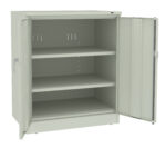A gray metal storage cabinet with two open doors, revealing three shelves inside. The shelves are adjustable, and the cabinet has a plain design suitable for office or industrial use.