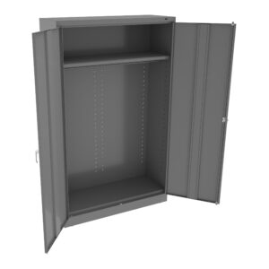 Open gray metal storage cabinet with two doors, featuring one interior shelf at the top and an open space below. The doors have vertical grooves, and a handle is visible on the side. The back panel has evenly spaced slits.