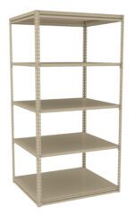 A beige, five-tier metal shelving unit, empty and positioned against a white background. The shelves are evenly spaced and supported by a sturdy frame with perforated holes for adjustable shelving.