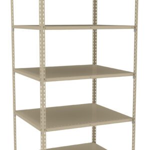 A beige, five-tier metal shelving unit, empty and positioned against a white background. The shelves are evenly spaced and supported by a sturdy frame with perforated holes for adjustable shelving.