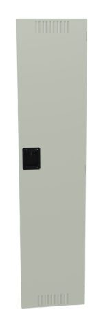 Tall beige metal cabinet door with a black handle in the center. The door has ventilation slots at the top and bottom.