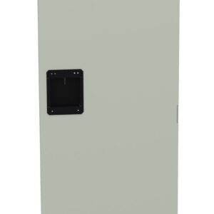 Tall beige metal cabinet door with a black handle in the center. The door has ventilation slots at the top and bottom.