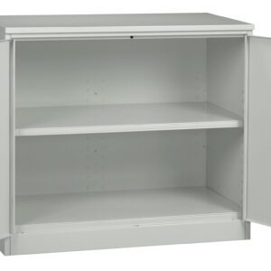 A metal storage cabinet with a plain design, featuring two doors opened outward. Inside, there are two adjustable shelves providing ample storage space. The cabinet is gray and has a minimalist, industrial appearance.