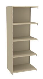 A beige metal shelving unit with five adjustable shelves, standing upright against a white background. The shelving frame has evenly spaced holes for shelf adjustment.