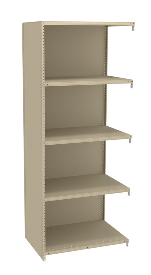 A beige metal shelving unit with five adjustable shelves, standing upright against a white background. The shelving frame has evenly spaced holes for shelf adjustment.