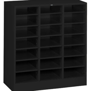 A black shelving unit with three columns and four rows of open shelves, designed for organizing items. The shelves are evenly spaced and the unit has a rectangular shape.