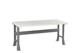 A sturdy workbench with a plain white tabletop and metal legs. The frame is gray, featuring reinforced joints and a support beam underneath for stability. The design is simple and industrial, suitable for workspaces or garages.