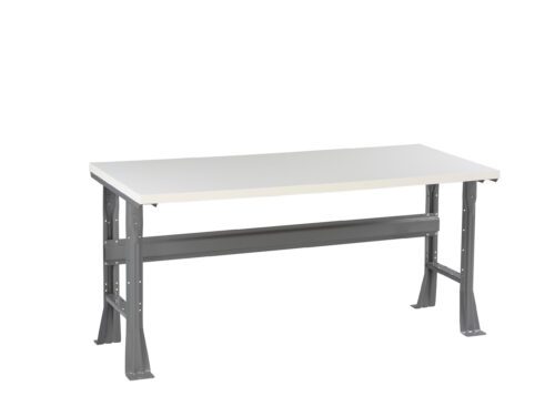 h0udvuds96xbkdbofcxs.jpg A sturdy workbench with a plain white tabletop and metal legs. The frame is gray, featuring reinforced joints and a support beam underneath for stability. The design is simple and industrial, suitable for workspaces or garages.