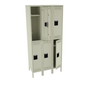 A set of four beige metal lockers, arranged in two rows with two lockers each. Three doors are closed and one is slightly open, revealing an empty interior. Each door has a black handle and ventilation slits.