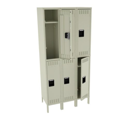 h1bj9i6hkaclorwgfhbb.jpg A set of four beige metal lockers, arranged in two rows with two lockers each. Three doors are closed and one is slightly open, revealing an empty interior. Each door has a black handle and ventilation slits.