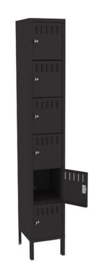 A tall, black metal locker with five compartments, each with a handle and ventilation slots. The fourth compartment door is open, revealing the empty interior. The locker stands on four short legs.