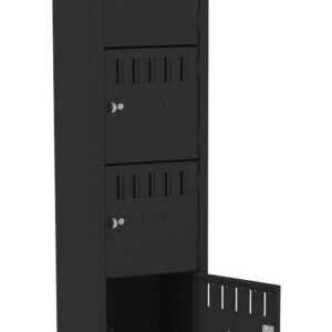 A tall, black metal locker with five compartments, each with a handle and ventilation slots. The fourth compartment door is open, revealing the empty interior. The locker stands on four short legs.