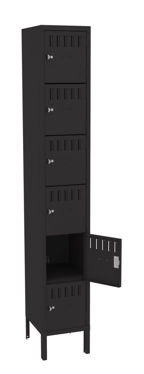 A tall, black metal locker with five compartments, each with a handle and ventilation slots. The fourth compartment door is open, revealing the empty interior. The locker stands on four short legs.