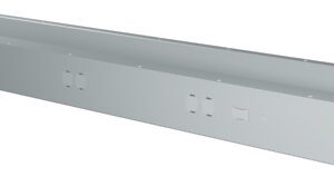 Two long, rectangular metal brackets with holes and notches, aligned parallel. The brackets are light gray and have a minimalist design. They appear to be structural components, possibly for shelving or support.