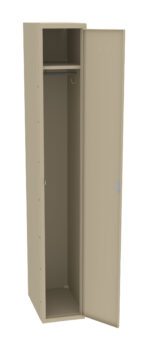 Tall beige locker with a single open door, revealing an empty interior. Inside, theres a top shelf, a hanging rod, and a hook on the sidewall. The locker is free-standing with a simple, rectangular design.