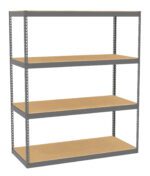 A metal-framed shelving unit with four wooden shelves. The unit is tall and rectangular, suitable for storage and organizing in a garage or warehouse setting. The structure is simple and functional, with a gray frame.