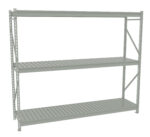 A metal storage rack with three shelves. Each shelf is slatted, supported by four vertical beams with diagonal reinforcements on the sides. The rack is designed for industrial or garage storage, with a simple and sturdy construction.