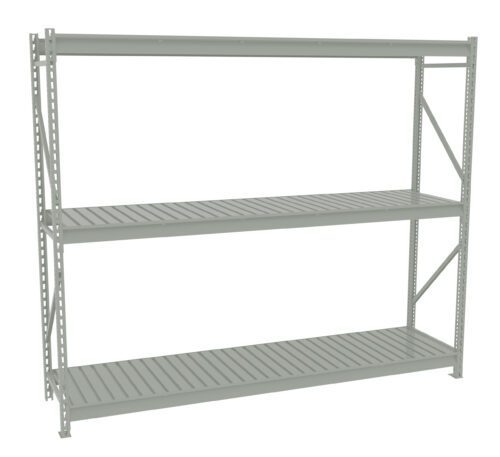 A metal storage rack with three shelves. Each shelf is slatted, supported by four vertical beams with diagonal reinforcements on the sides. The rack is designed for industrial or garage storage, with a simple and sturdy construction.