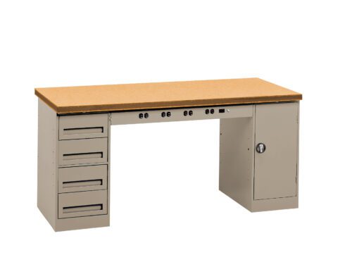 Industrial workbench with a wooden top and light gray metal frame. It has four drawers on the left side and a cabinet with a locking door on the right. Multiple electrical outlets are mounted under the tabletop.