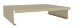 A beige, rectangular, metal monitor stand with a minimalist design featuring a flat top surface and two side panels for support.