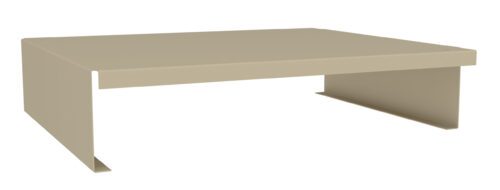 A beige, rectangular, metal monitor stand with a minimalist design featuring a flat top surface and two side panels for support.
