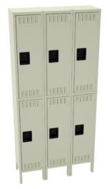 A set of six beige metal storage lockers with black handles, arranged in two rows of three. Each locker has ventilation slits on the top and bottom. The unit is standing on four short legs.