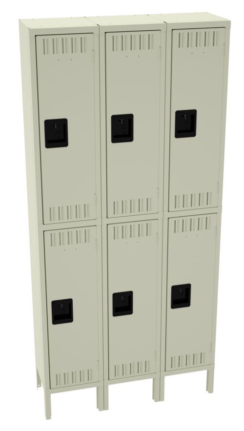 h3su6kjpdawvdwxeqisa.jpg A set of six beige metal storage lockers with black handles, arranged in two rows of three. Each locker has ventilation slits on the top and bottom. The unit is standing on four short legs.