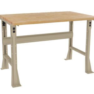 A sturdy tan metal workbench with a thick, light wood tabletop. The legs have multiple bolt holes for adjustable height. The design is simple and functional, suitable for a workshop or garage.